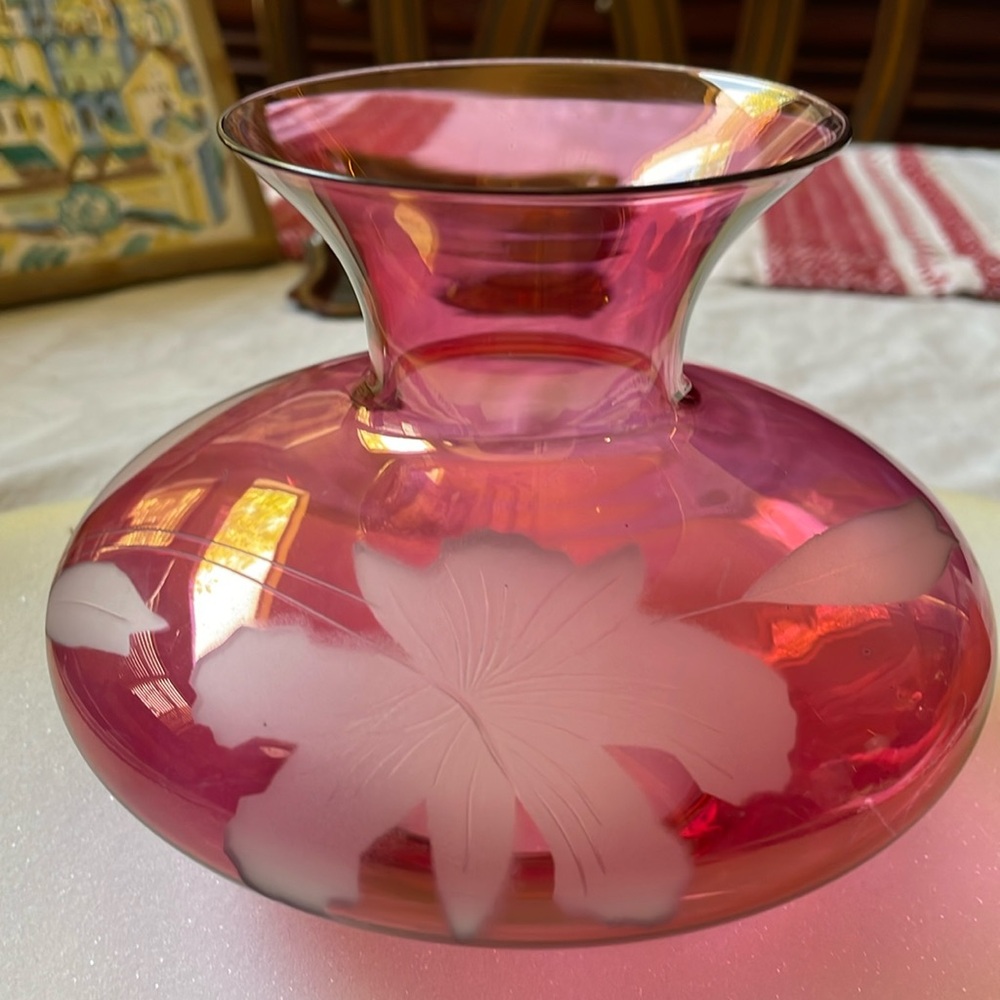 Cranberry Etched frosted glass vase
